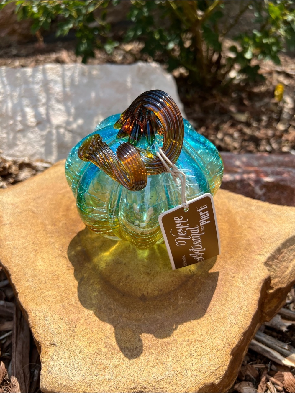 Pier 1 Handblown Glass Pumpkin Blue-Green with Amber Stem NWT